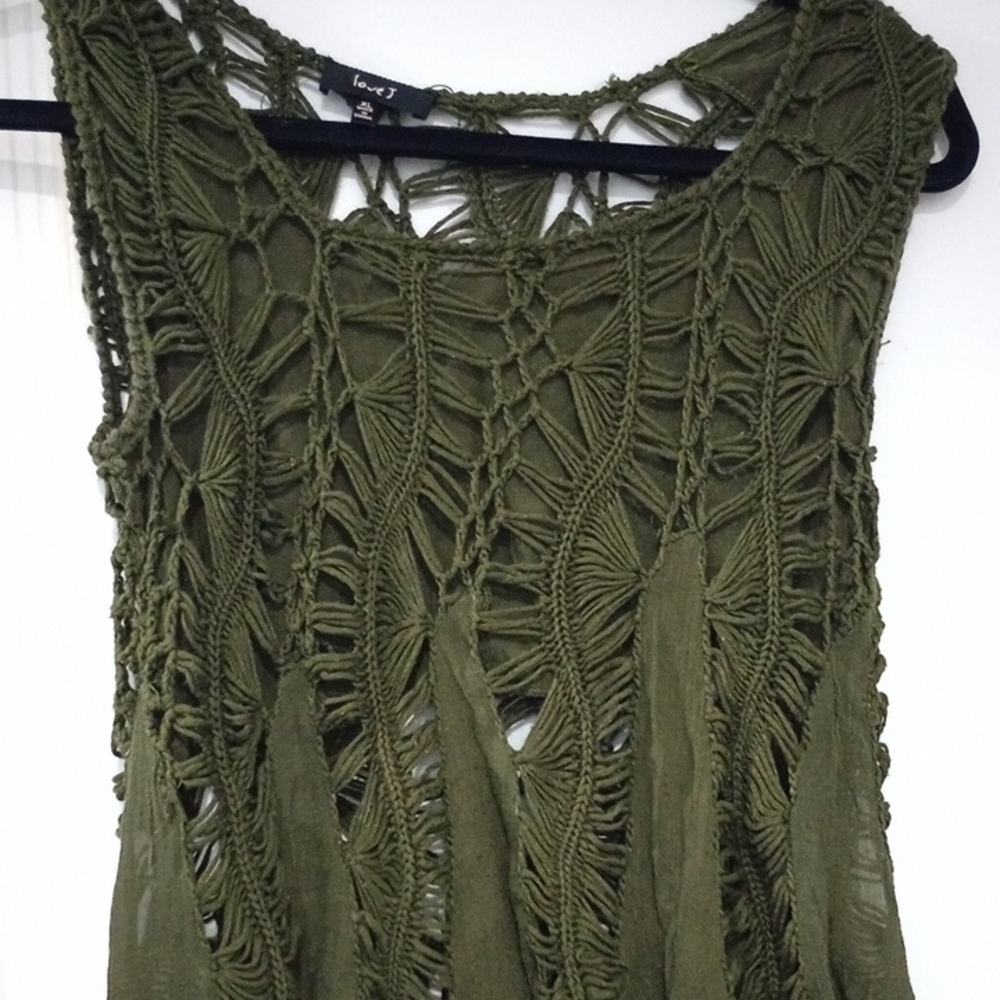 Love J Bohemian, Cottagecore, Fairy Vibe Olive Sleeveless Crochet Knit Top - Picture 3 of 5